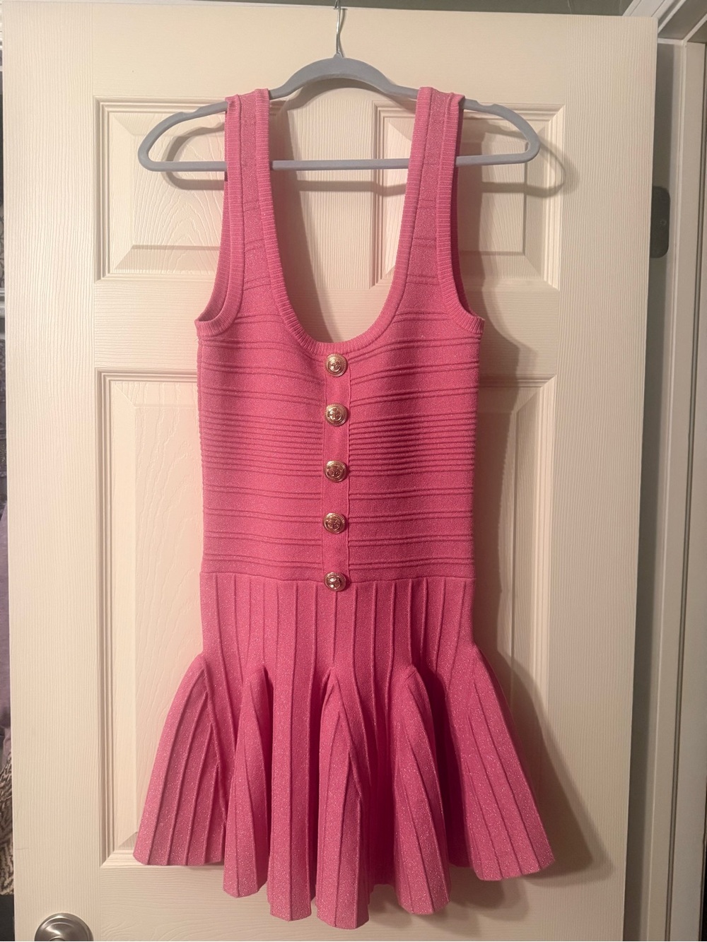 Retrofete Pink Sleeveless Pleated Knit Dress with Gold Buttons - Picture 1 of 6